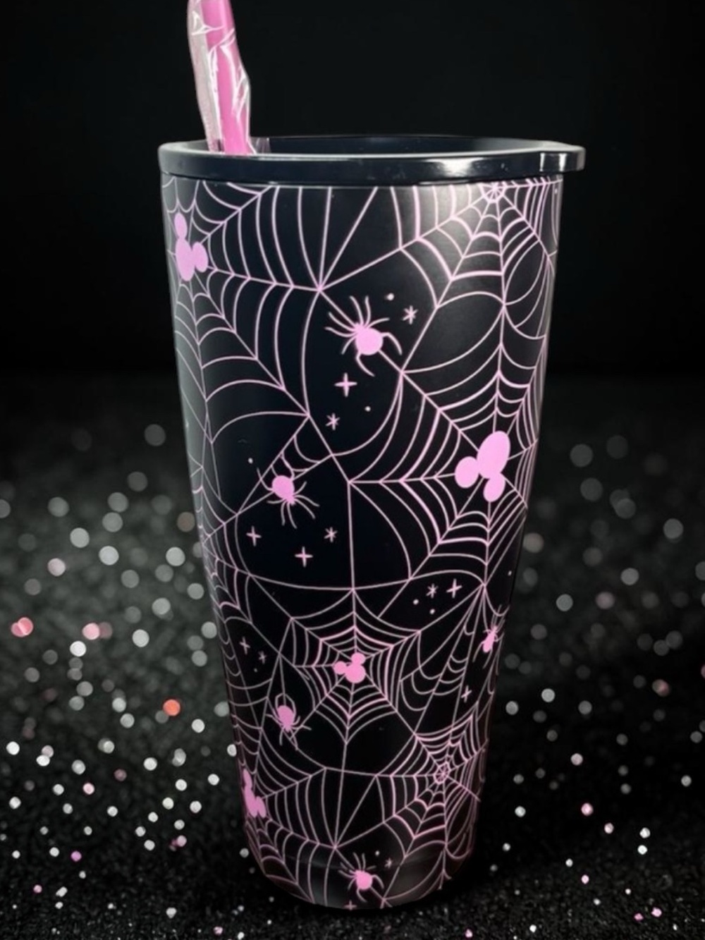Disney Halloween Mickey Mouse Spider Web Cup Tumbler Black Pink New